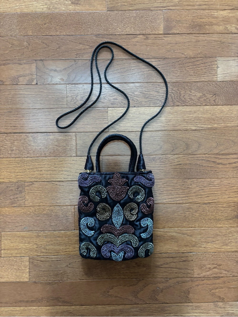 Vintage Black Satin Beaded Crossbody Purse